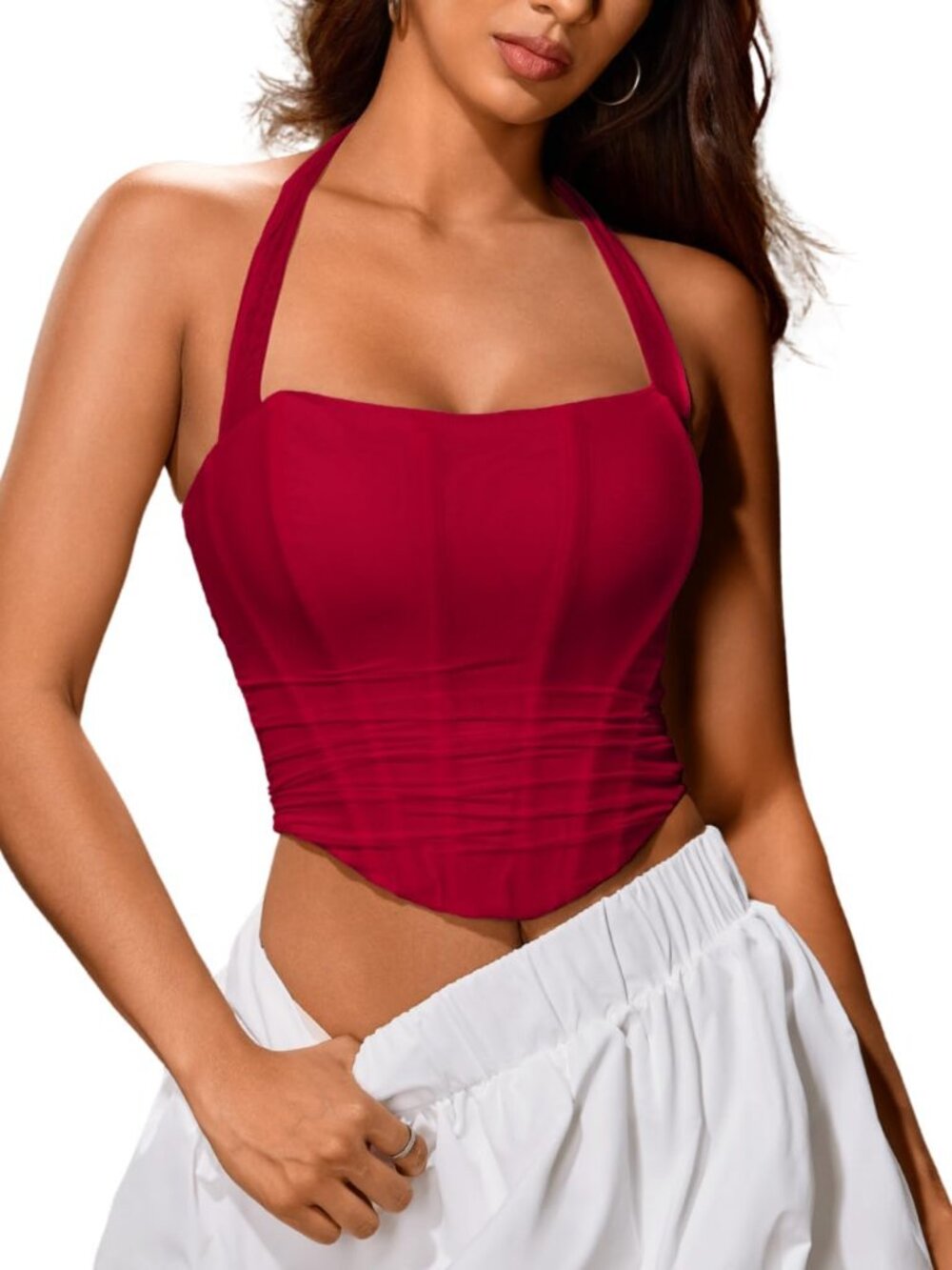 Women's Red Mesh Halter Boned Lace-Up Bustier Ruched Asymmetrical Crop Corset